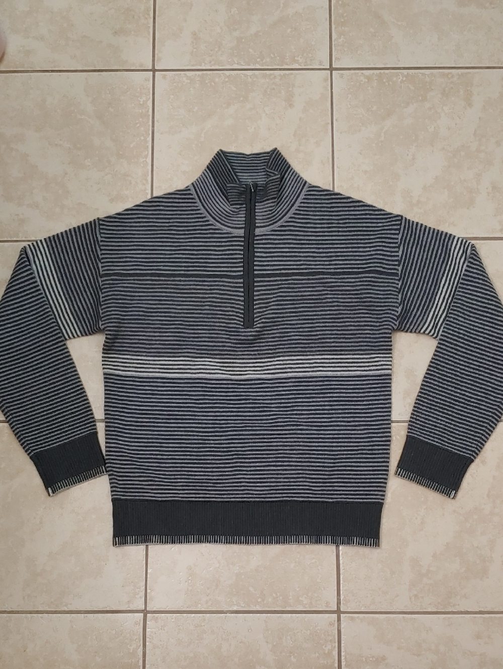 Meister Quarter Zip Bonnie Men's Grey Striped Wool Blend Ski Sweater Size M